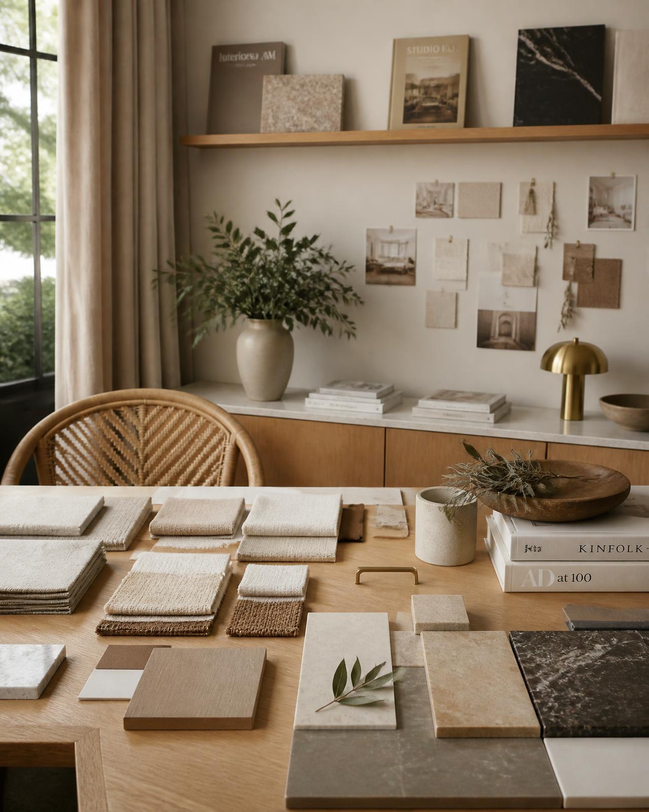 Yash Decor design studio table with fabric swatches, stone samples and mood board
