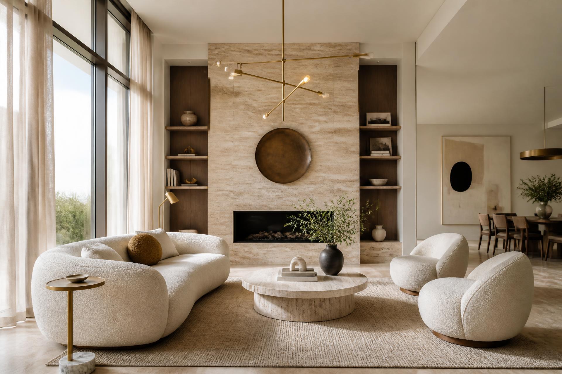Luxury living room designed by Yash Decor with travertine fireplace and warm neutral furnishings