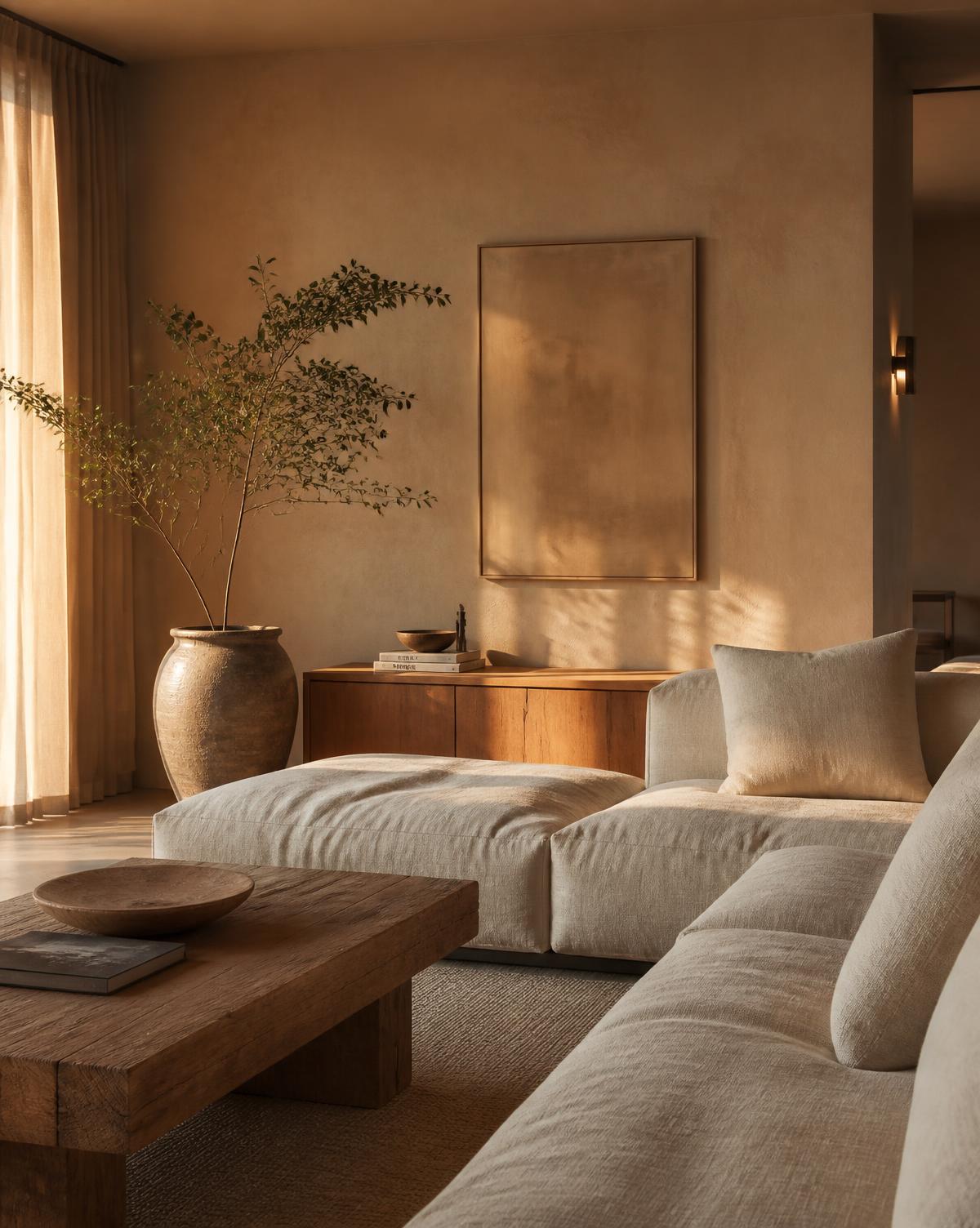Warm minimal living room in evening light